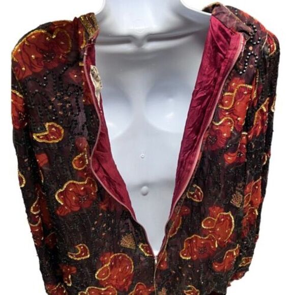 JUDITH ANN CREATIONS Xs SILK FLOWER PRINT BEAD & SEQUINS DRESS Burgundy Modest - Picture 5 of 12